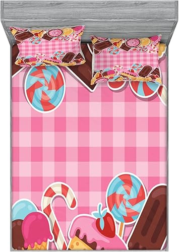 Miniatura 105 de Ambesonne Juego de sábanas bajeras y fundas de almohada, diseño retro de los videojuegos con botones de joystick vintage de los años 80 y 90, diseño