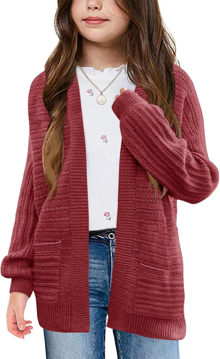 Haloumoning Kids Girls Open Front Cardigan Sweaters Long Sleeve Cable Knit Fashion Clothes with Pockets 5-14 Years