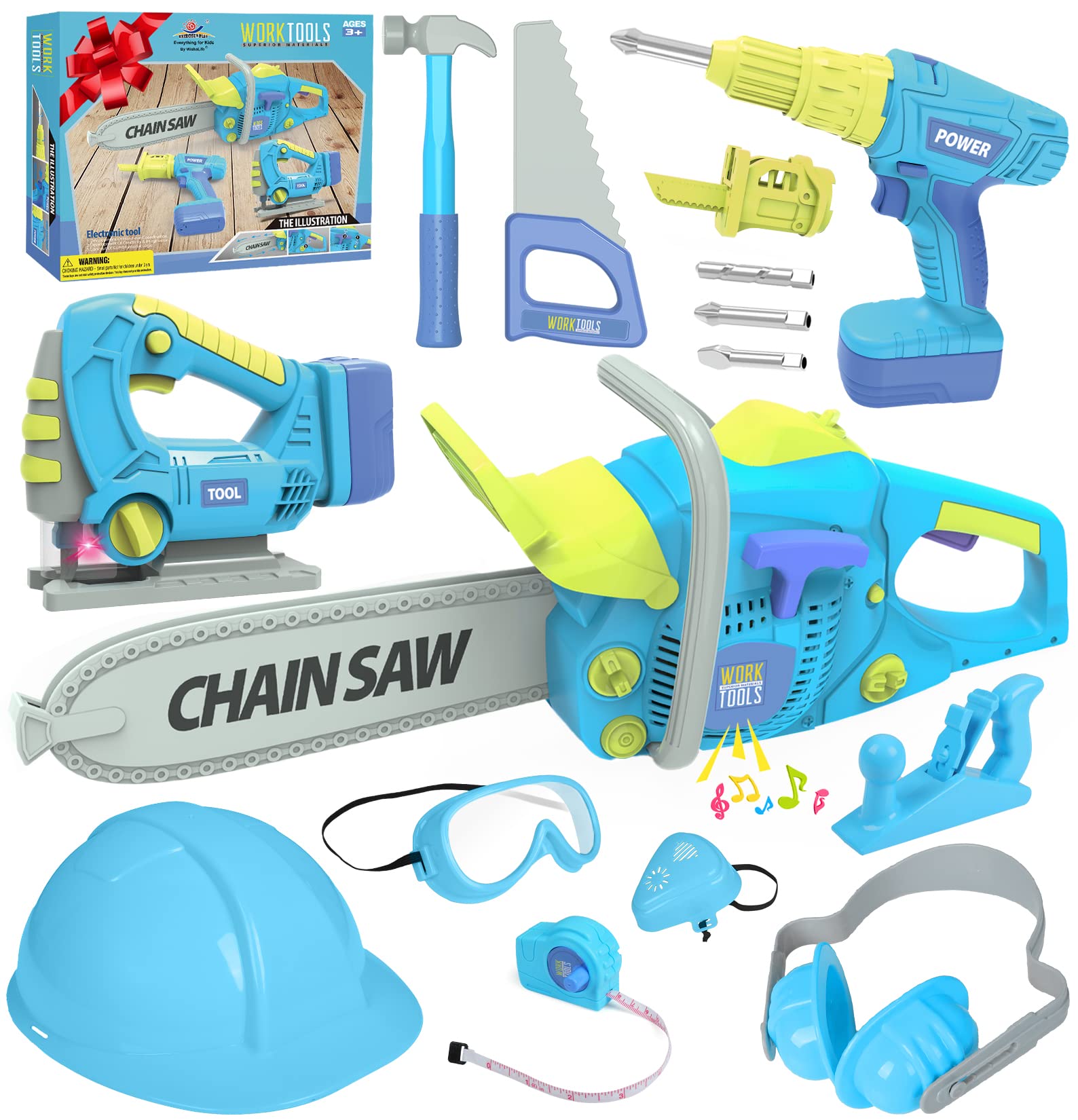 WishaLifeKids Tool Set - with Toy Chainsaw, Drill, Pretend Play Construction Tools Toy Gift for Kids Toddlers Boys Girls Ages 3 4 5 6 7 8 Year Old
