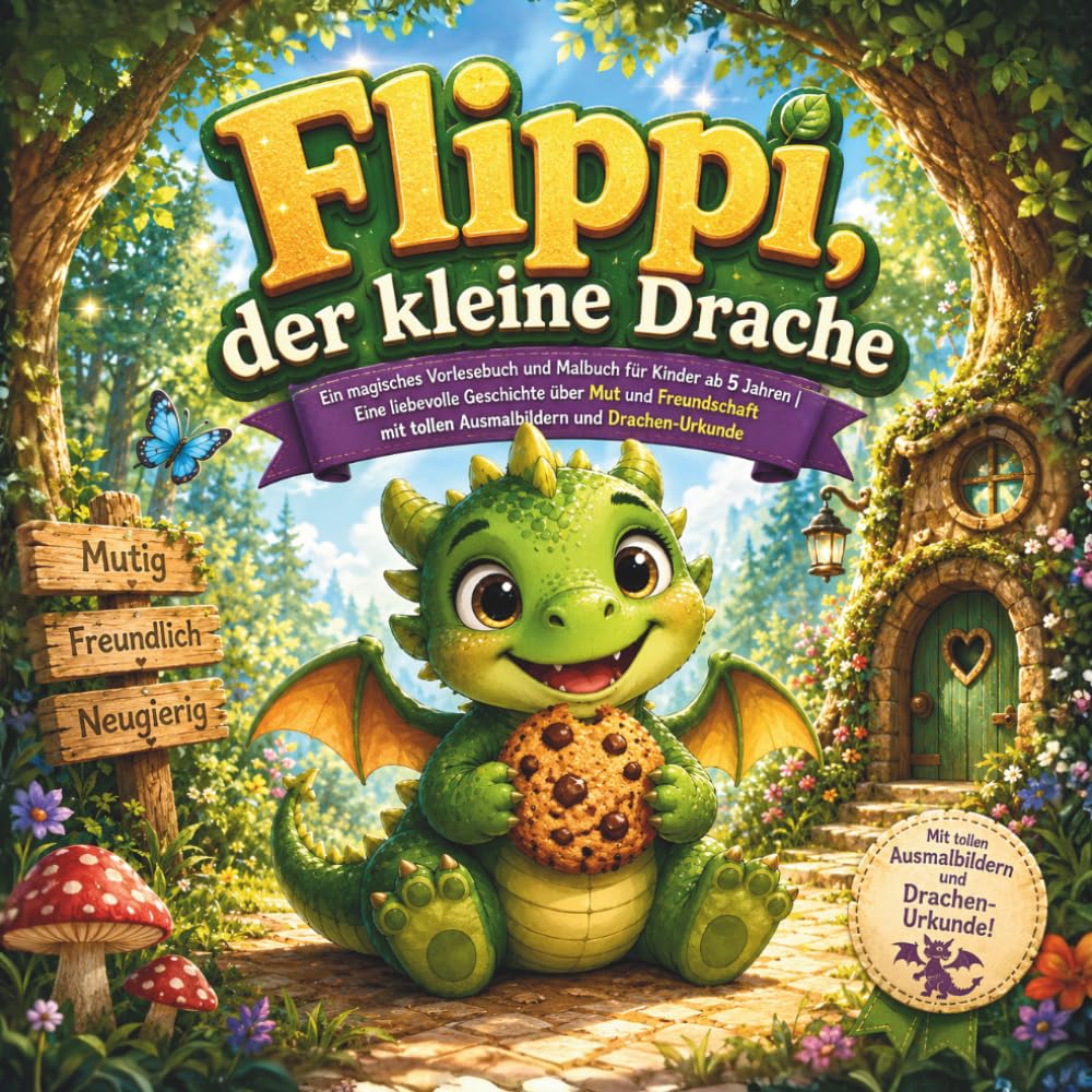 Flippi, der kleine Drache: Ein magisches Vorlesebuch und Malbuch für Kinder ab 5 Jahren | Eine liebevolle Geschichte über Mut und Freundschaft mit tollen Ausmalbildern und Drachen-Urkunde