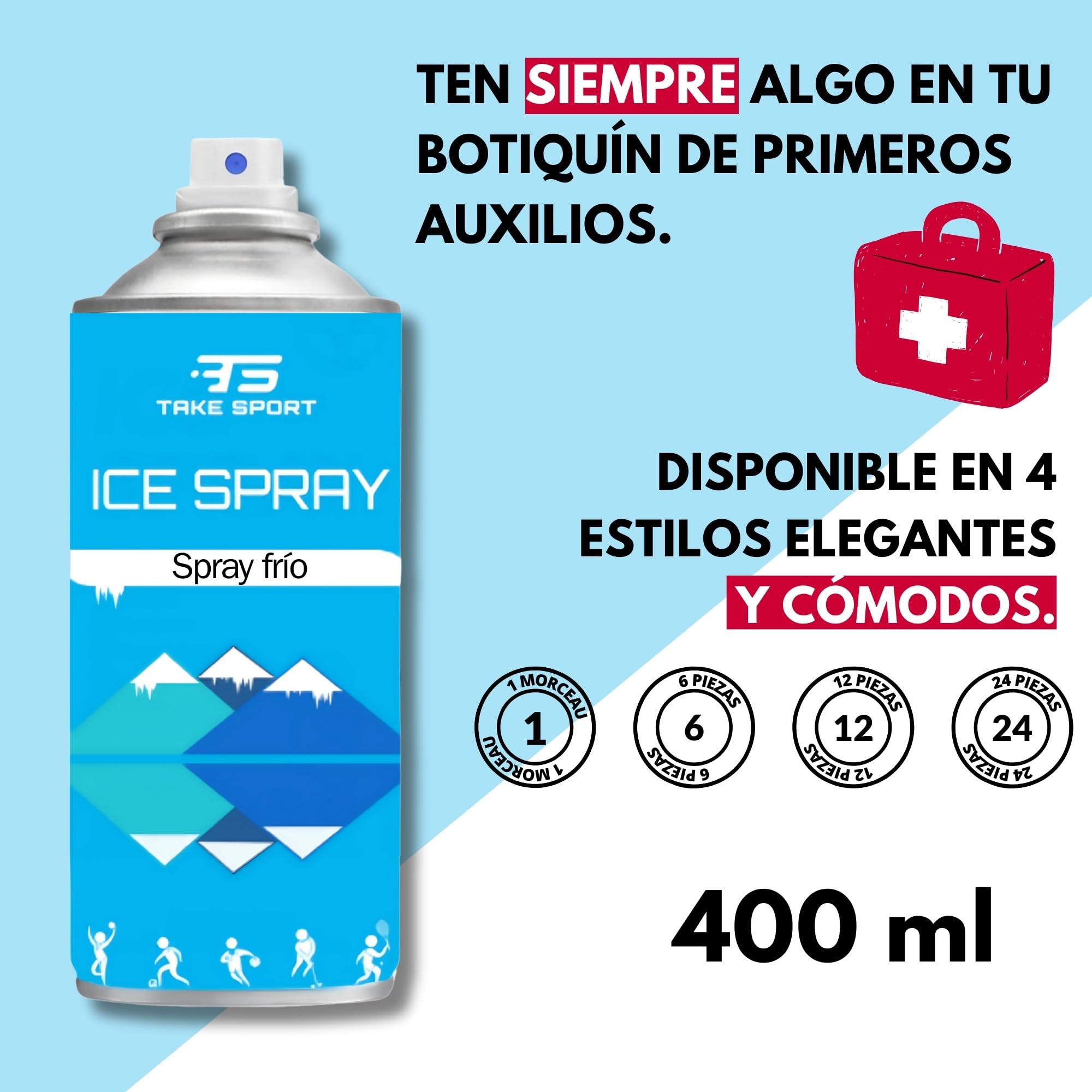 TS Take Sport® Spray Frío Instantáneo 400 ml Pack 12 – Hielo Instantáneo para Lesiones, Esguinces, Contusiones y Primeros Auxilios – Spray Profesional para Deportistas y Fisioterapia