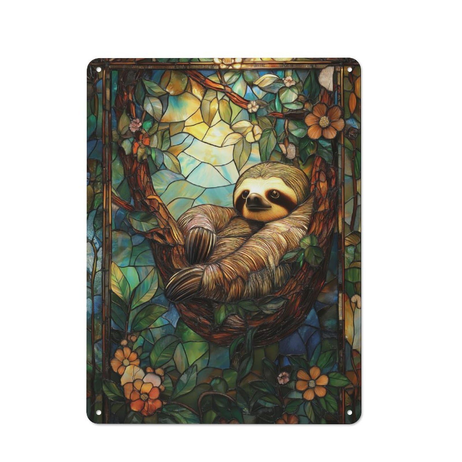 Junmoney Stained Glass Sloth Retro Metal Wall Decor 40X30cm, Decorative Tin Plaque For Pub, Home Bar, Shed Or Man Cave