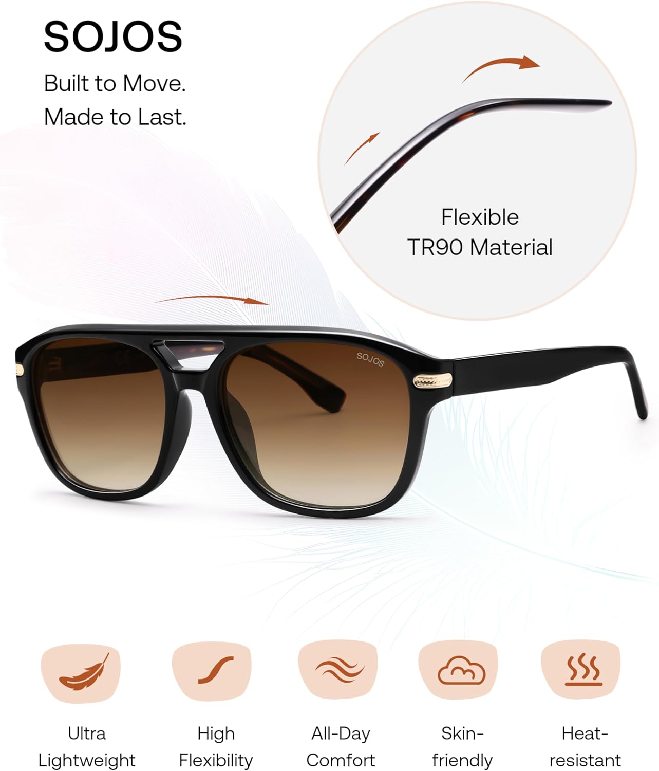 SOJOS Aviator Sunglasses Womens & Men Square Polarized Lens UV400 Designer 90s Shades SJ2650 - Image 6