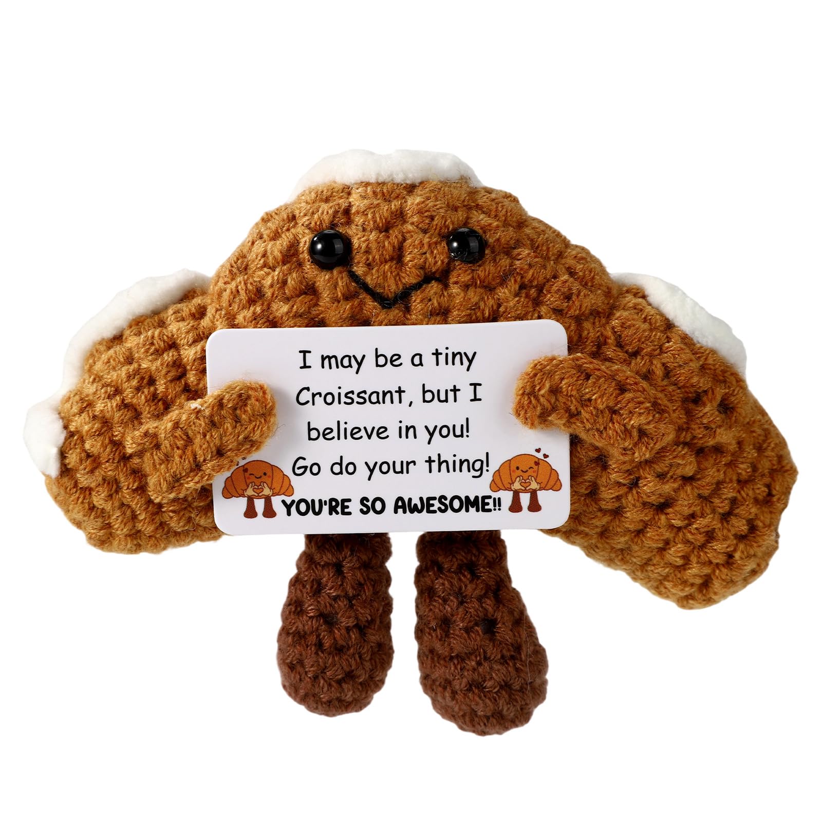 TOYMIS Positive Croissant, Tiny Emotional Bread Support Motivational Crochet Doll with Inspirational Card for Friends Coworker Gifts Office Desk & Home Decor
