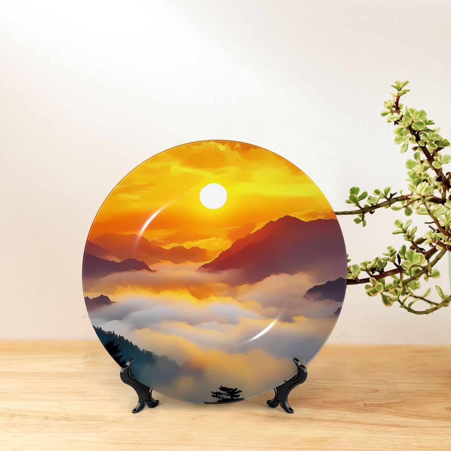 Pine Tree On Mountain Top Style Ceramic Plate Display Home Display With Stand Wall Hanging Plate For Home Decor 10 Inch