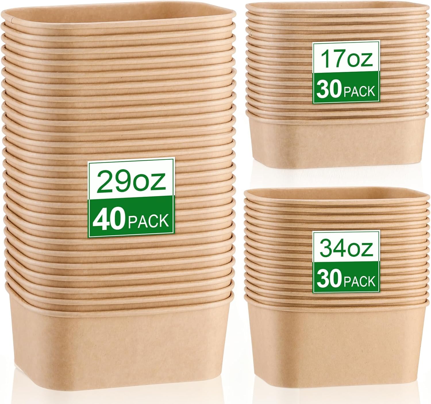 100 Pack 17oz 29oz 34oz Disposable Kraft Paper Bowls Without Lids Paper Food Container Meal Prep Container Rectangle Leakproof Takeout Bowl for Hot Cold Soup Salad Microwave Safe