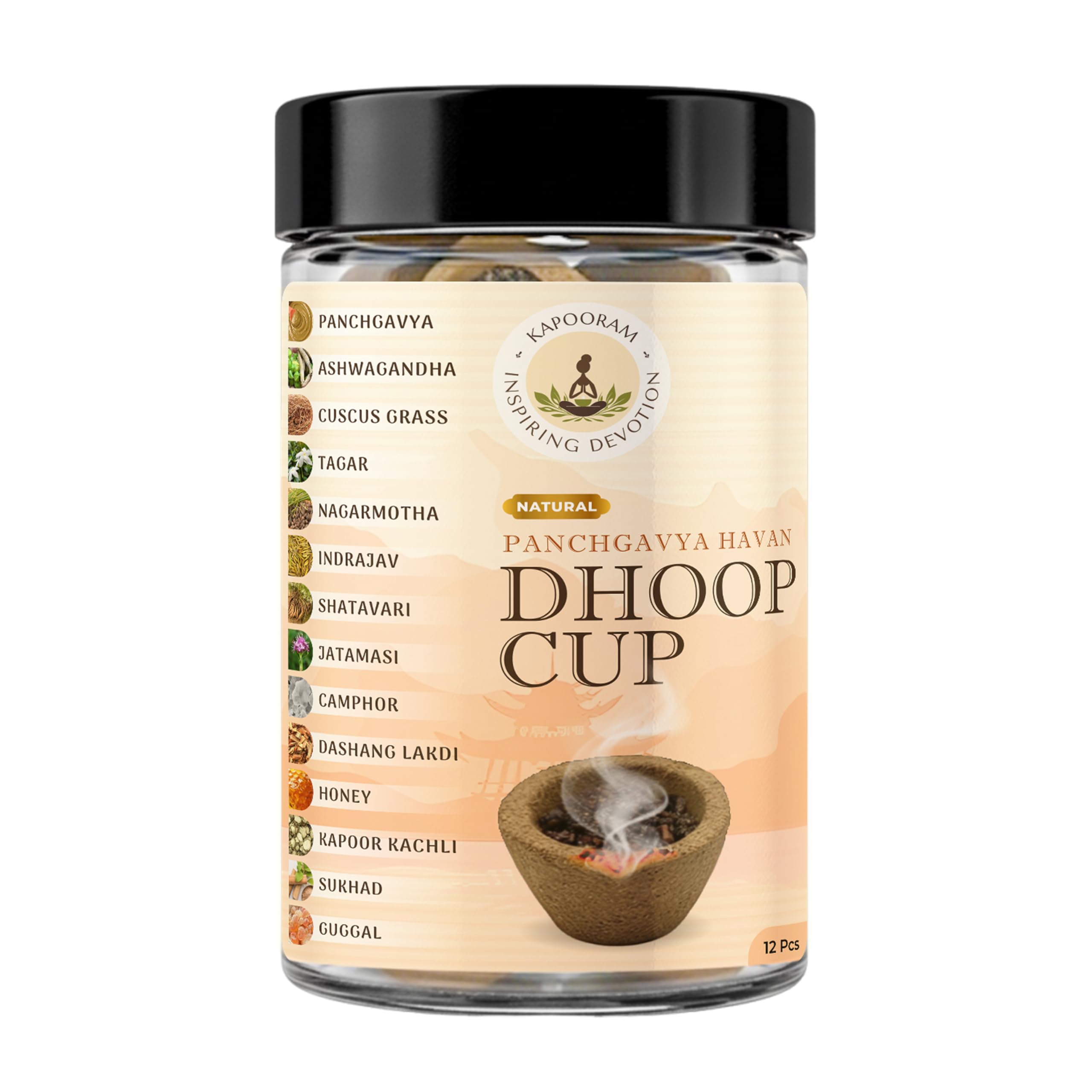 Natural Panchgavya Sambrani Havan Dhoop Cups for Pooja | Panchagavya Havan Cup with Guggal, Camphor & Herbs | Charcoal Free Dhoop for Home, Temple & Meditation | 12 Cup-image-45