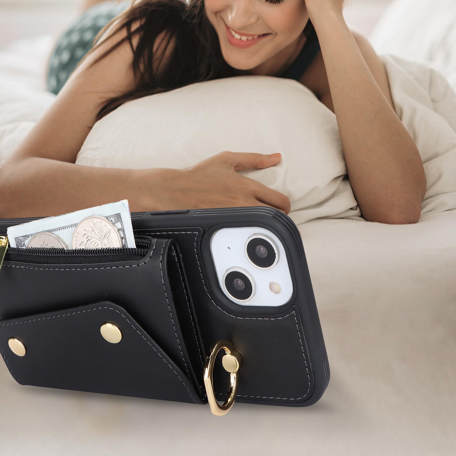 for iPhone 13 Case with Card Holder and Strap - Zipper Pocket,Crossbody Lanyard Strap,Credit Card Holder,Stand Ring,Cute Phone Wallet Case for Women(Black,6.1 Inch) - Image 5