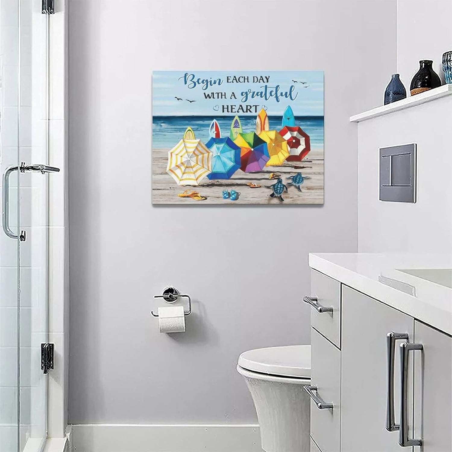 Beach Theme Canvas Wall Art Coastal Decor Begin Each Day Turtle Starfish Surfboard Umbrella for Wall Print Abstract Nautical Picture Gifts Ocean Artwork Framed for Bedroom Living Room Wall Decoration