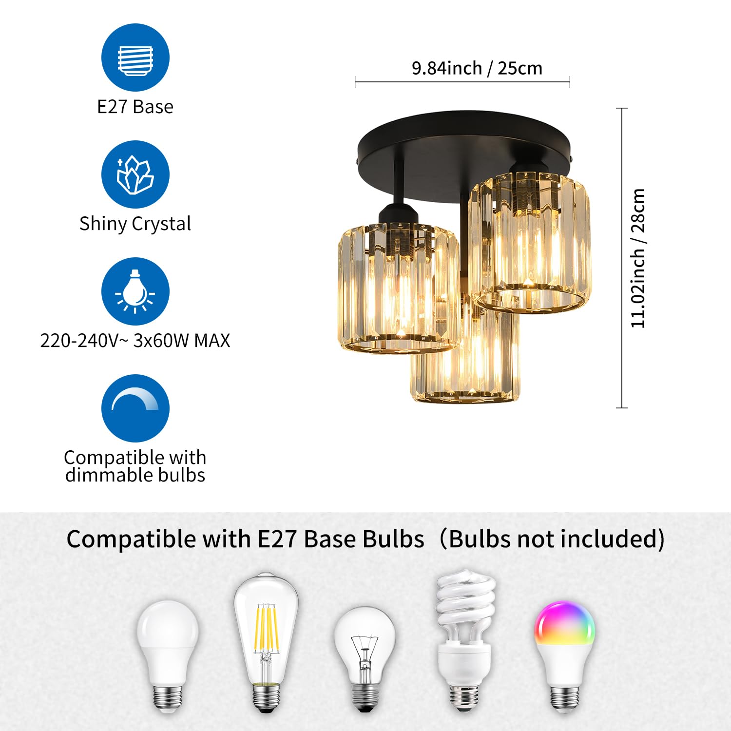 ANWIO Zwarte kristallen plafondlamp, moderne kroonluchters, gangverlichting plafond, semi-inbouwplafondverlichting, Dia 21,5 cm plafondverlichting, woonkamer voor hal, slaapkamer, keuken, badkamer