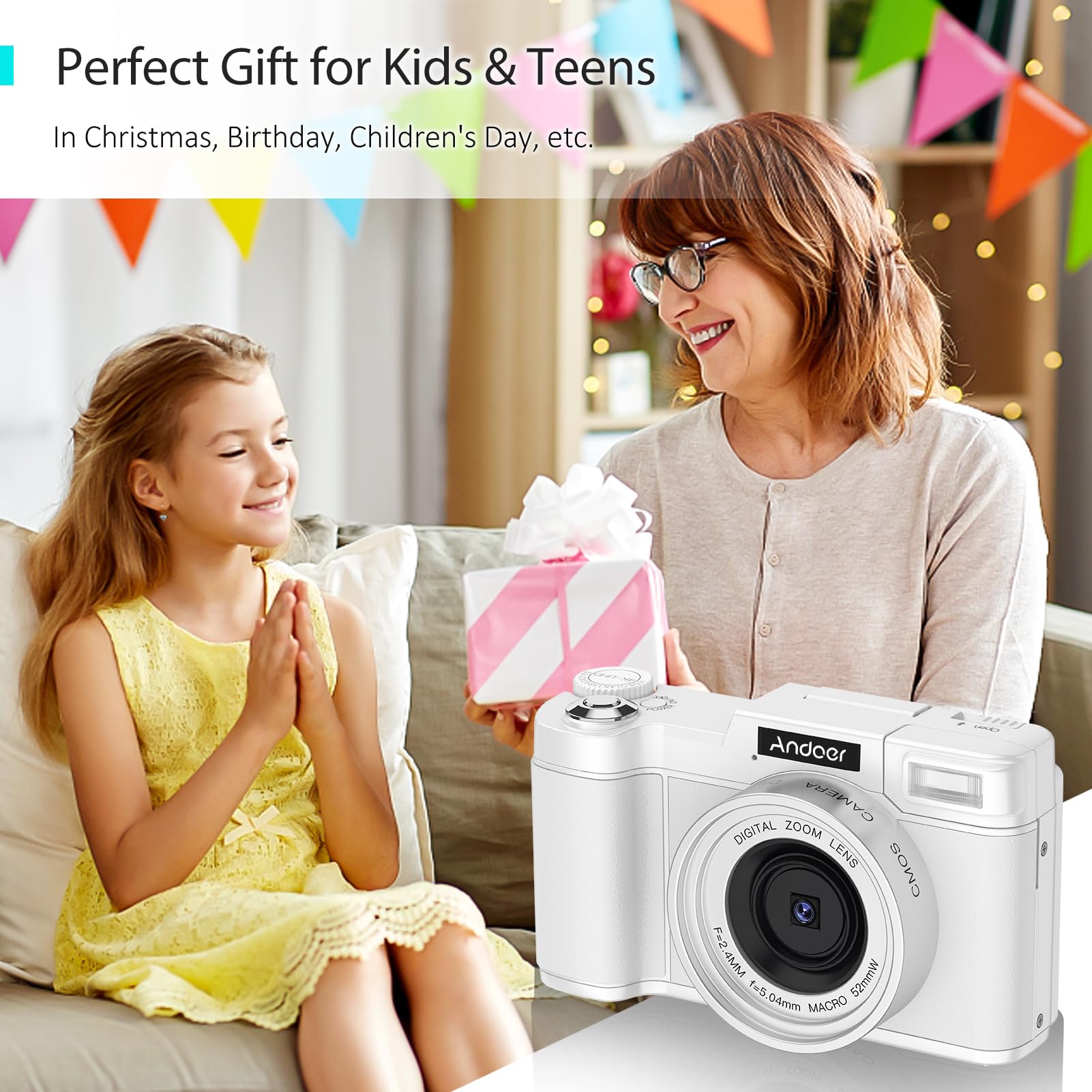 Andoer Cámara Digital Compacta, 48MP 4K Cámara Fotos con Pantalla giratoria TFT de 3,0 Pulgadas, cámara de Fotos con Zoom Digital de 16, Tarjeta 32GB para Niños, Principiantes, Adulto
