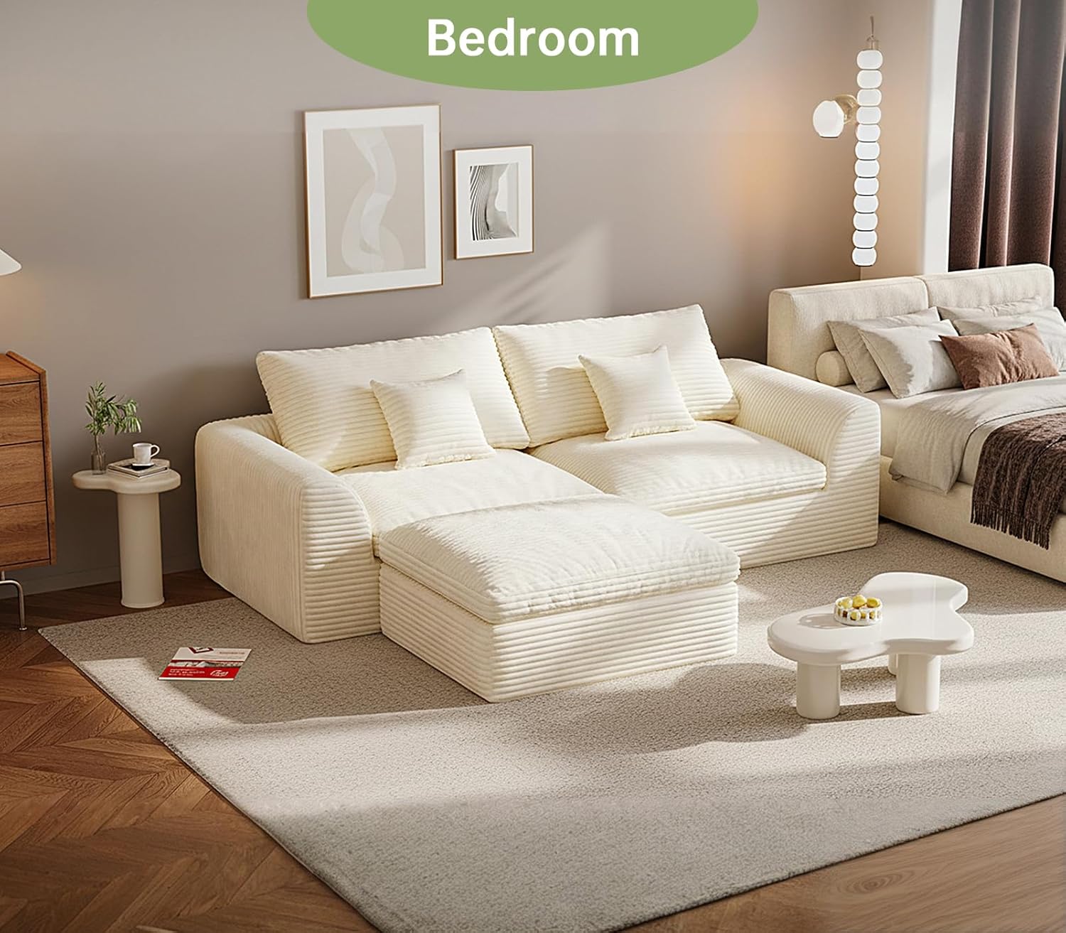 Boneless Couch 91“ Cloud Sofa 3-Seater Sectional Couches for Living Room, L-Shape Sofa with Ottoman, Comfy Flannel Fabric Oversized Loveseat Recliner Lounge Chaise with 2 Throw Pillow (Beige)