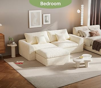 91“ Modular Sectional Sofa Boneless Comfy Cloud Couch with Ottoman for Living Room, Loveseat with Removable & Washable Flannel Fabric and 40D Memory Sponge,2 Throw Pillows (Beige)