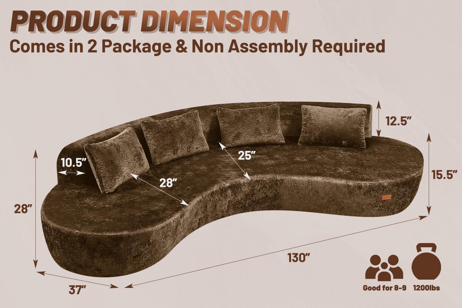 HABUTWAY 130'' Modular Sectional Sofa with Memory Foam Filled, Modern Curved Sofa Deep Seat Cloud Couch with 4 Pillows, No Assembly Required, Oversized Couches for Living Room Apartment Office, Brown