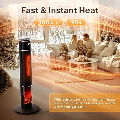 Miniatura 2 de ROVSUN Calentador de espacio eléctrico de 1500 W con control remoto y llama 3D, calentador de torre portátil de 33 pulgadas con temporizador