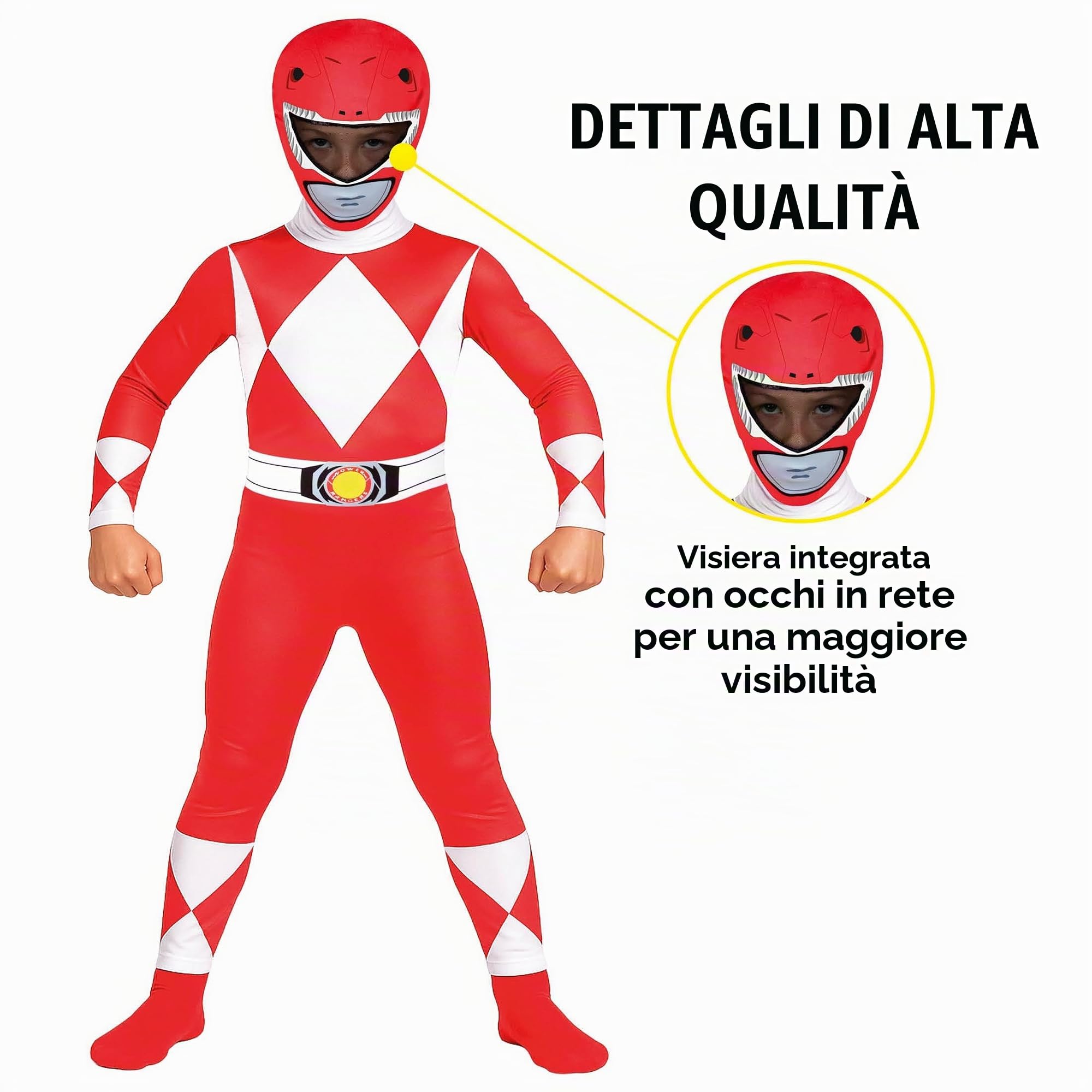 Morphsuits Costume Power Rangers Rosso Bambini, Costume Halloween | Tuta Integrale con Cappuccio, Design Ranger Rosso, Chiusura con Zip, Perfetto per Halloween, Ideale per il Cosplay