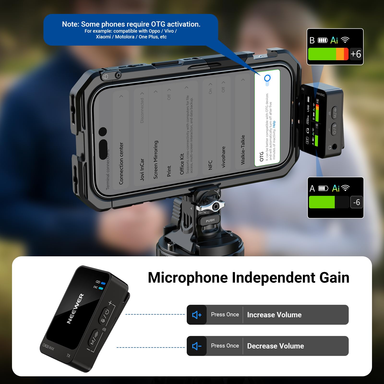 NEEWER CM26 MAX AI Micrófono Solapa Inalámbrico Compatible con iPhone 17 16 15 Android Cámara PC USB C Plug & Play App Control 2 Nivel Cancelación Ruido 50h Batería 120m Alcance Apple MFi Certificado