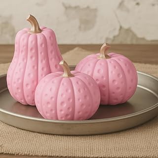 Yookeer 3 Pcs Fall Pumpkin Decor Resin Pink and Gold Decorative Pumpkins Fall Thanksgiving Table Centerpiece Fake Artificial Pumpkin for Home Autumn Halloween Mantel Fireplace Farmhouse Indoor Decor