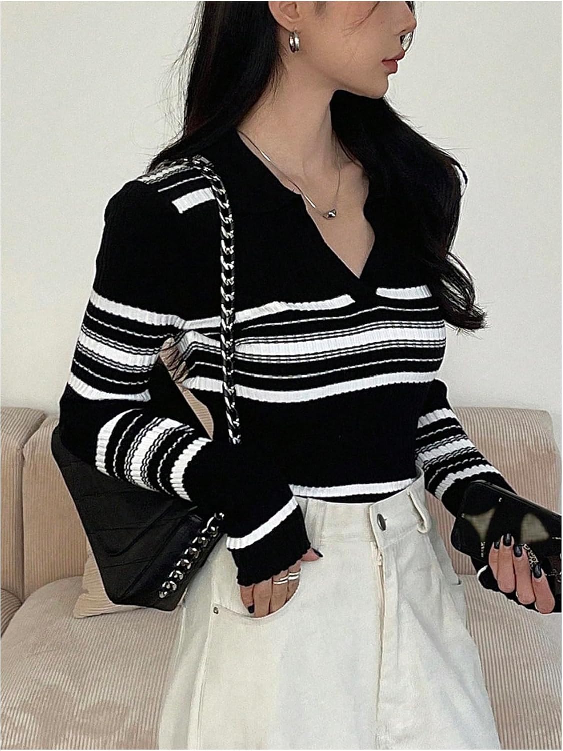MakeMeChic Women's Striped V Neck Sweater Collared Long Sleeve Old Money Pullover Tops - Image 2