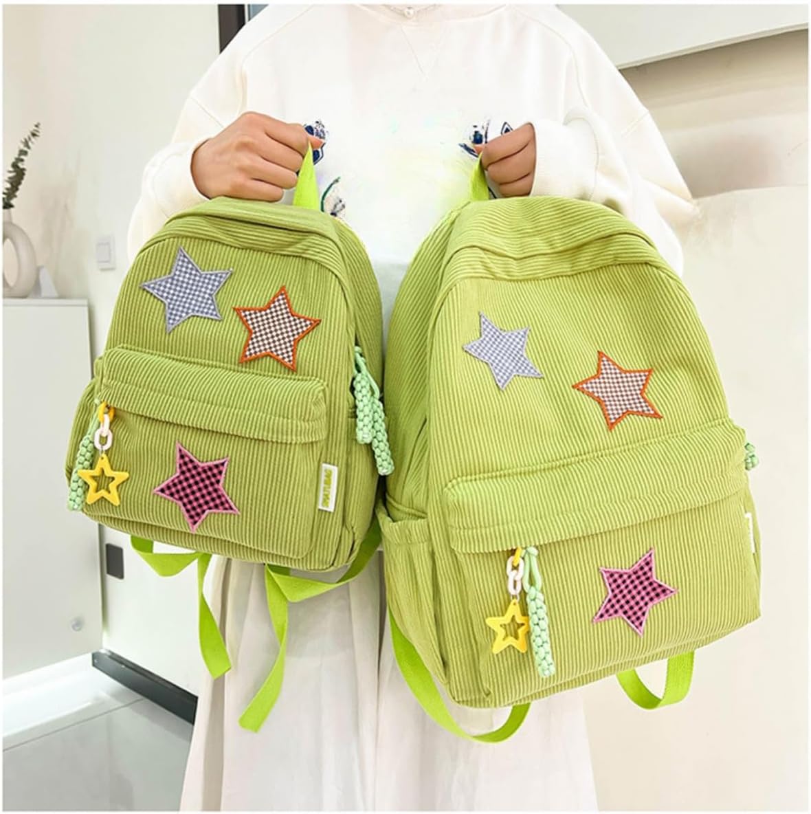 Star Backpack Kawaii Large Capacity Aesthetic Rucksack Cute Accessories Bag for Woman Light-hearted Mori (Green,Large) - Image 5