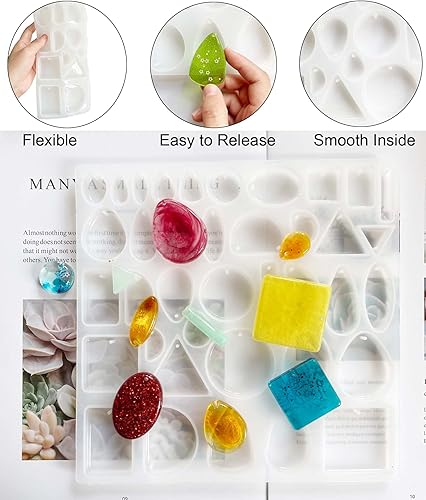 Miniatura 7 de Szecl - Juego de 38 moldes de resina para colgante de joyería de 38 cavidades, molde colgante de silicona con agujero, gema de cabujón redondo,
