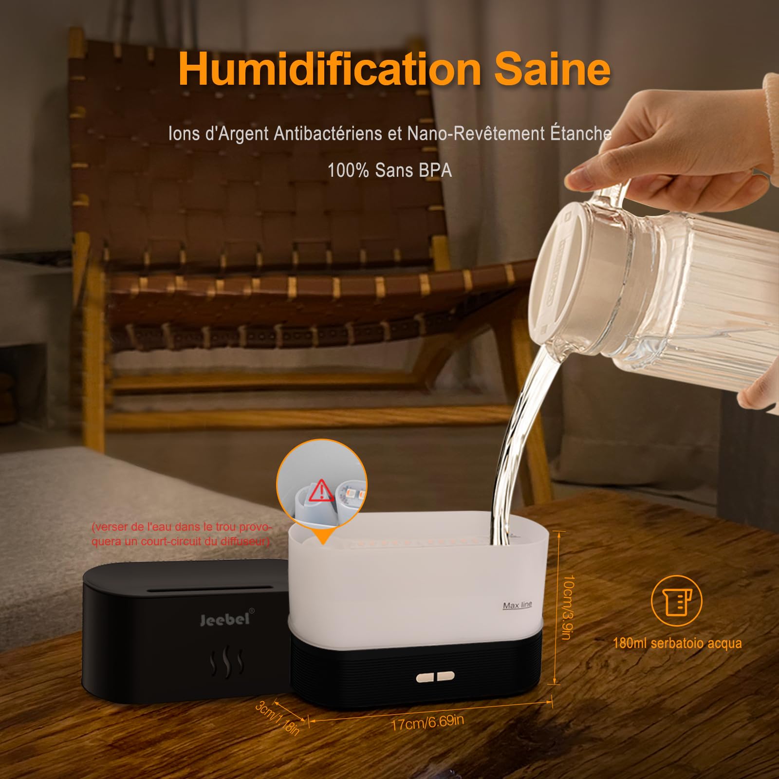 Jeebel Diffuseur d'Huile Essentielle 180ml Mini Humidificateur Ultrasonique d'air Arôme, Lumière de Atmosphère Nocturne de Effet Spécial Simulation Flame pour Aromathérapie Parfum de Maison Chambre