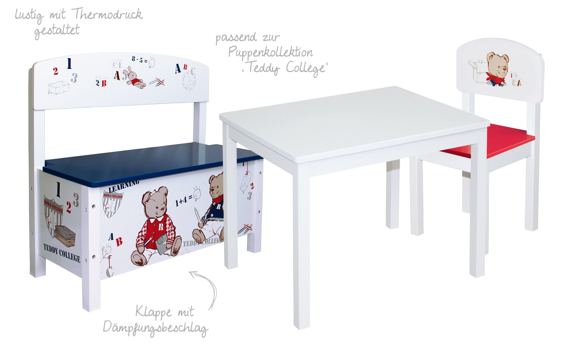 roba Panca per Bambini Teddy College, Contenitore per Giocattoli, Bianco