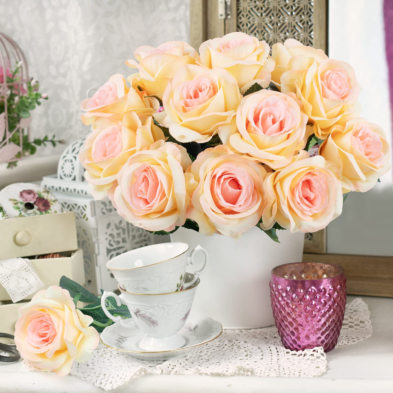 BLOSMON Kunstblumen Rosenstrauß – 24 Köpfe, Champagner & Rosa, 21 Cm Hoch, 6 Stück, Für Hochzeit & Deko