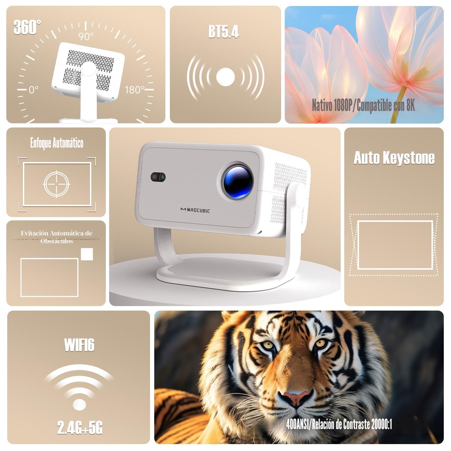 Magcubic Mini Proyector 4K Portatil 1080P Nativo & 400 ANSI Lumen, Android 14, WiFi 6 BT 5.4, Rotacion 180, Enfoque Electrico, HDMI USB, Cine en Casa Exterior Camping, Diseno Futbol WM 2026 (L018)