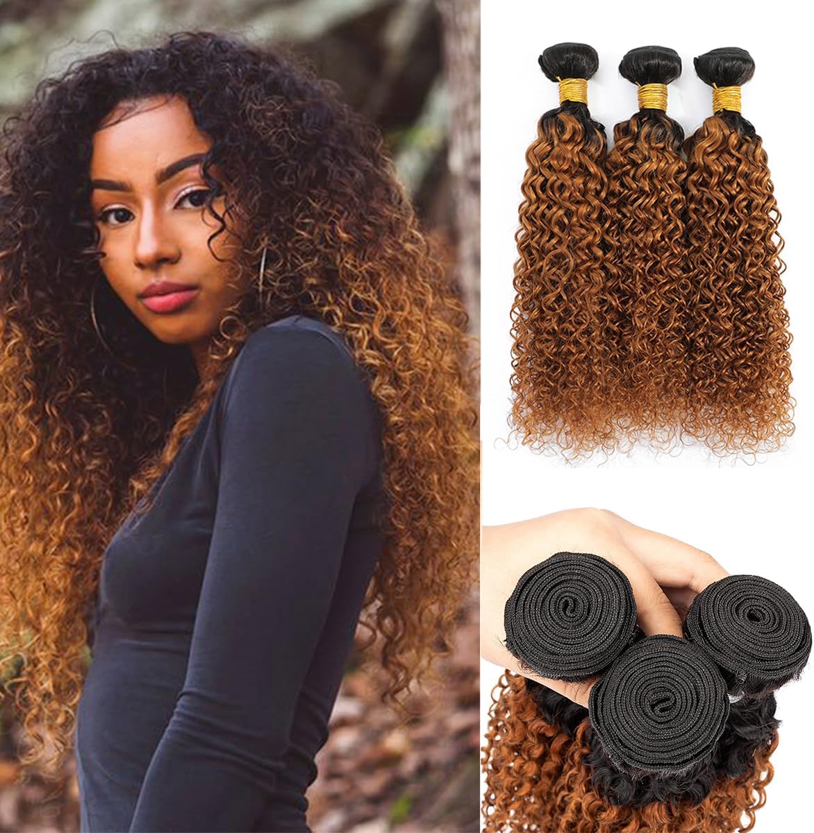 Ombre Two Tone Brazilian Kinky Curly Hair Bundles 1B/30 Virgin Curly Hair Extension 3 Bundles Kinkys Curly Human Hair Black to 30# 300 Gram (10 12 14)