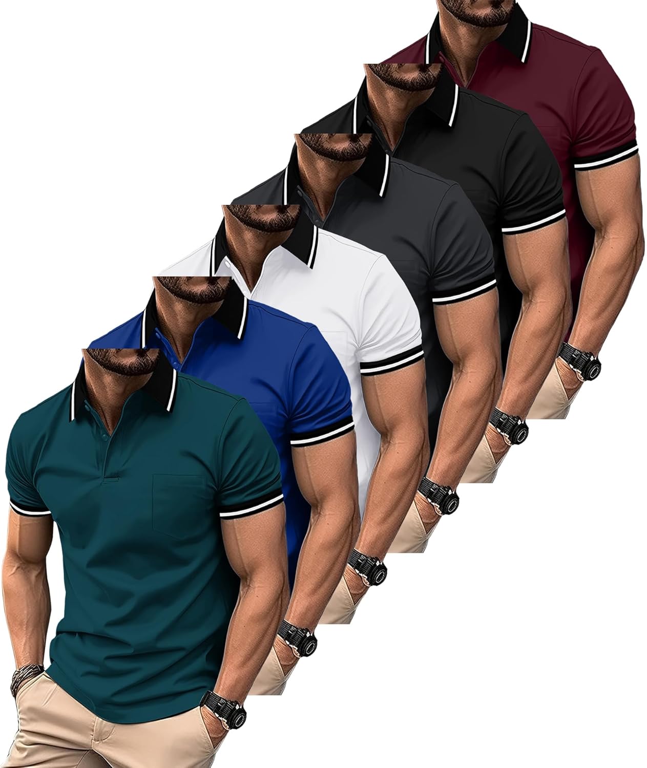 ZITY 6 Pack Men Polo Shirts Short Sleeve with Pocket Wicking Shirts for Men Casual Collared T-Shirts 8.3 Per Piece