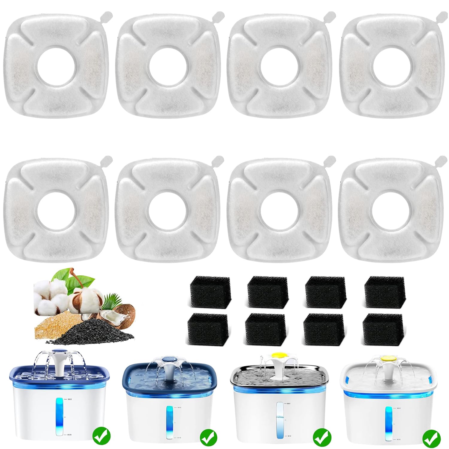 8 Pack Pet Cat Water Fountain Filters Replacement Compatible with Veken 67oz/2L, 95oz/2.8L, 135oz/4L Automatic Stainless Steel Cat Water Fountain, Cat Fountains for Drinking, with Pre-Filter Sponges