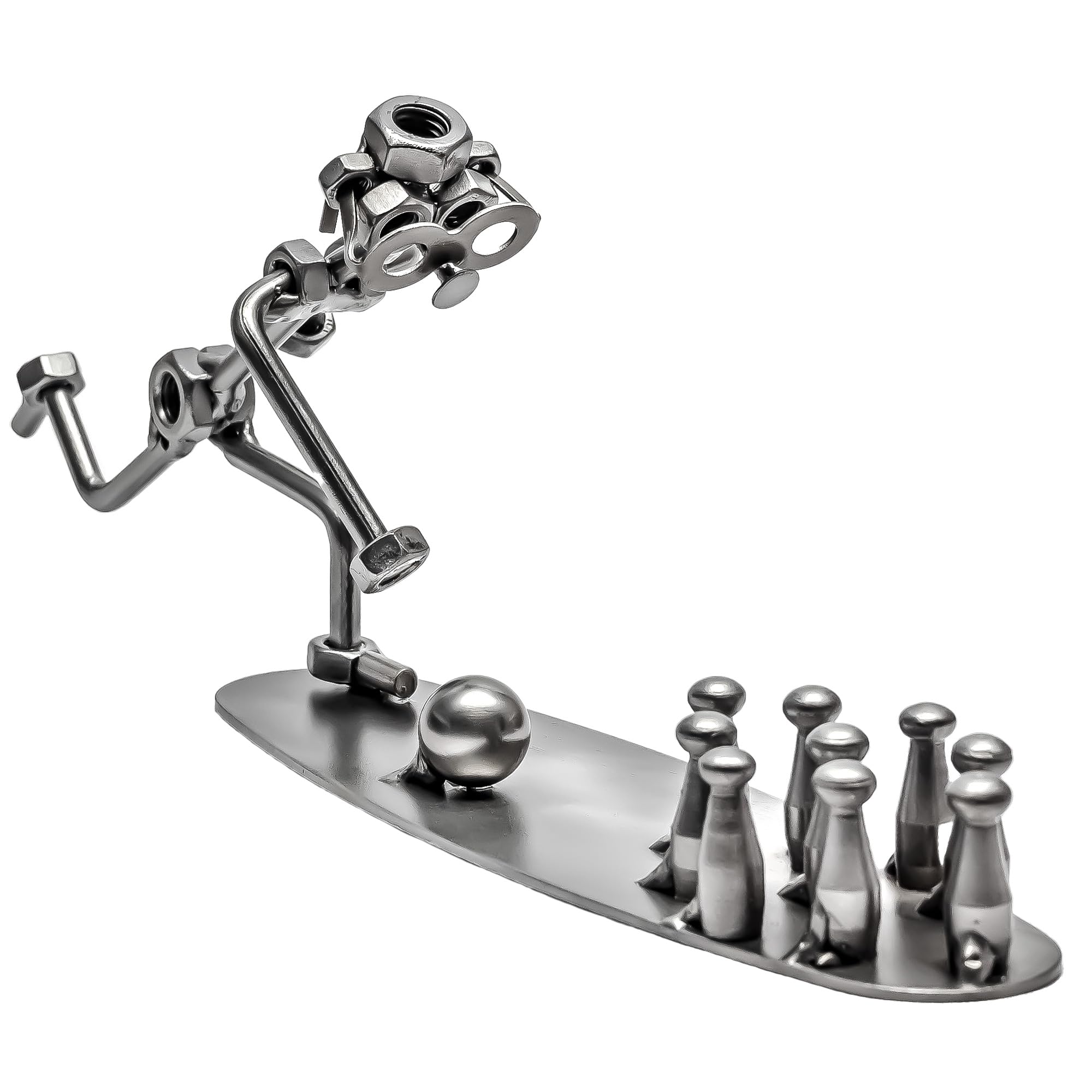 STEEMO Original Schraubenmännchen Figur: Kegeln – Handgefertigte Metall-Deko aus Stahl, kreative Kegel-Skulptur und Geschenkidee für Kegler & Bowling-Fans, 31x6x12 cm
