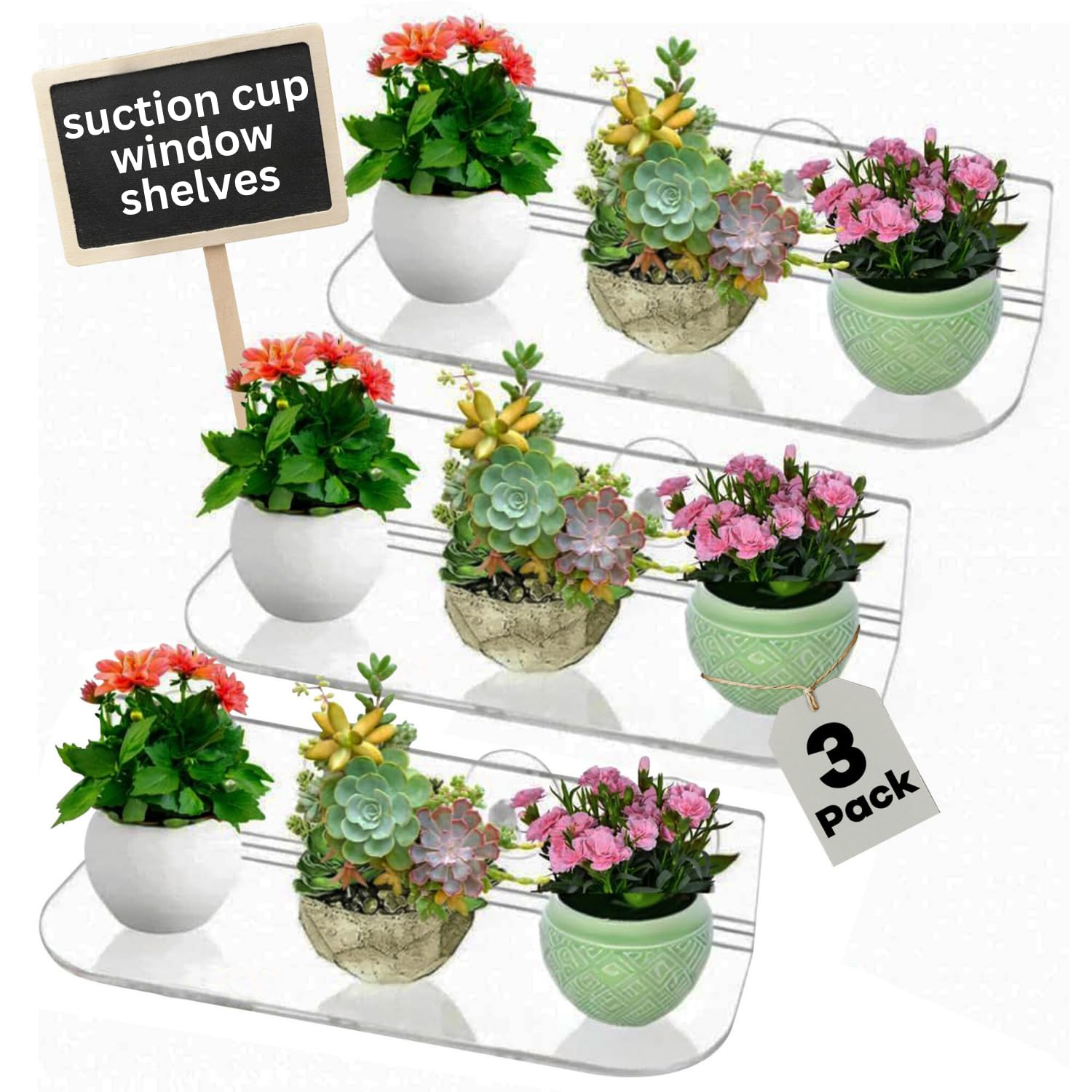 Slide-Proof 3 Pack Suction Cup Window Shelves for Plants, 12" Suction Shelf for Mirror, Window Shelves, Acrylic Window Plant Shelves