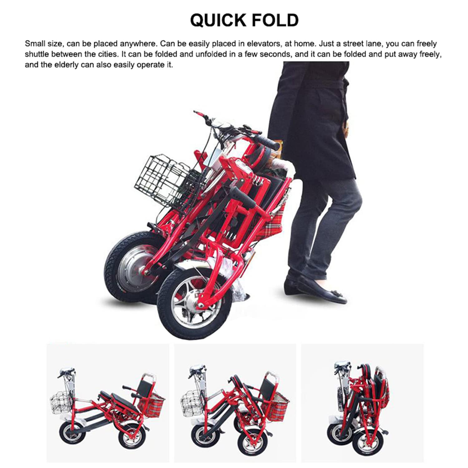 Składany trójkołowiec elektryczny,3 Wheel Mobility Scooter Przenośny trójkołowy rekreacyjny skuter elektryczny,Skuter elektryczny dla osób starszych/niepełnosprawnych/na zewnątrz,Red