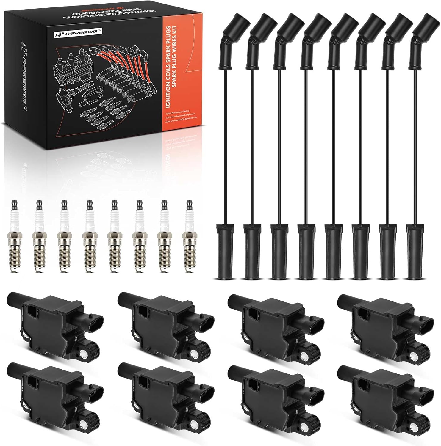 A-Premium 8 Ignition Coils with 8 Wire and 8 Iridium Spark Plugs Compatible with Chevrolet Silverado 1500, Tahoe, Camaro, Suburban, Express 2500 3500, Corvette & GMC Sierra 1500, Yukon & Cadillac CTS