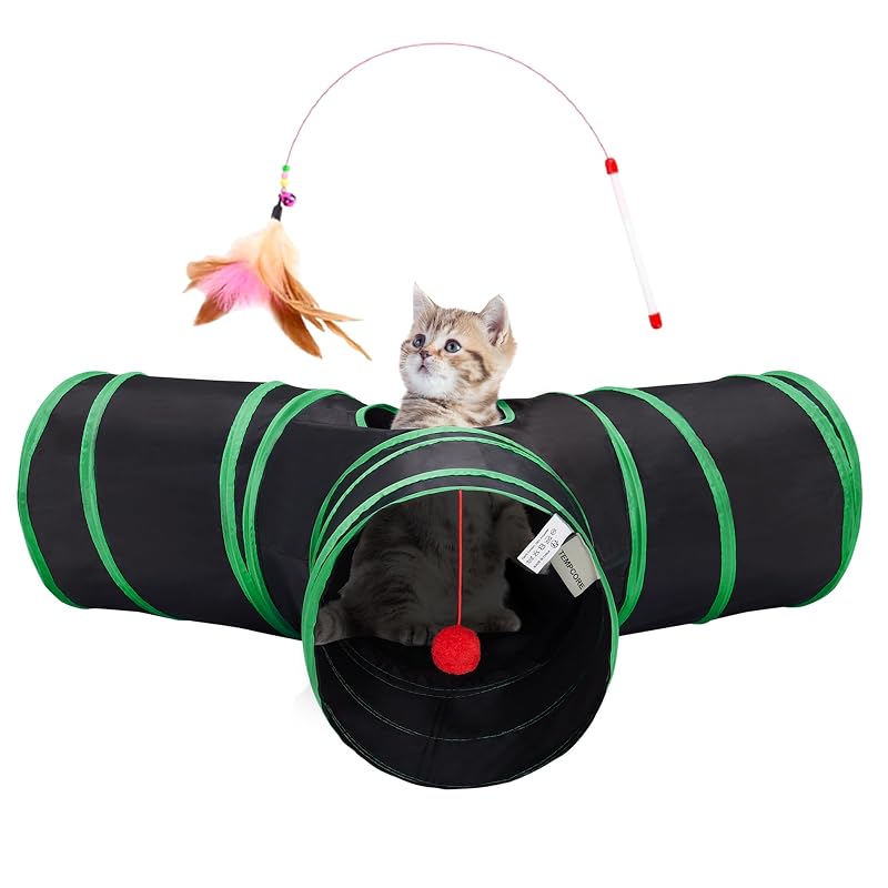 Túnel para gatos dobrável de 3 vias em poliéster Tempcore, Preto e Verde, tamanho Small