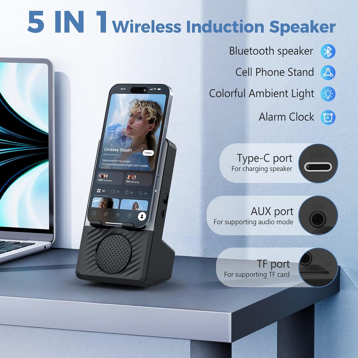 Wireless Induction Speaker, 5 in 1 Bluetooth Speaker with Cell Phone Stand, Phone Holder with Rechargeable Colorful Light and Alarm Clock for iPhone/Android/iPad, for Men Women（Black） - Image 5