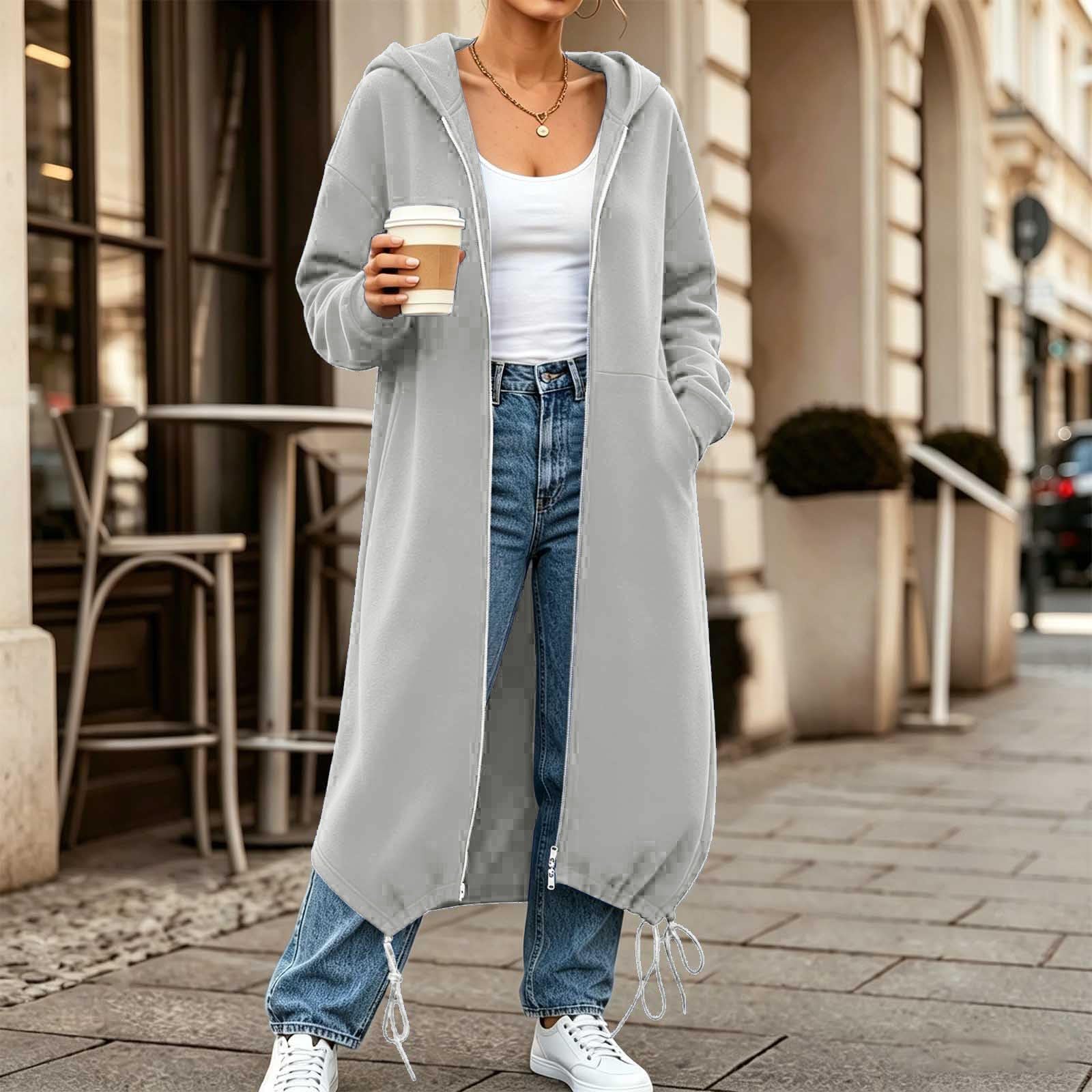 Generico Felpe con Cappuccio da Donna con Zip Oversize A Tunica Lunga | Felpe Casual A Maniche Lunghe Sweatshirt Autunno Inverno Giacca Con Cappuccio Cappotto Da Indossare Tutti I Giorni