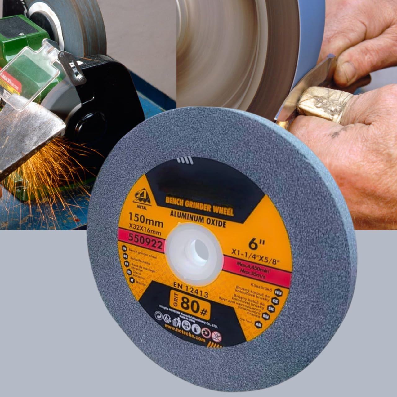 Disco Mola Abrasiva per Smerigliatrice da Banco 150x16 mm | Grana 80 | Set Professionale con 4 Anelli di Riduzione (32mm a 12.7mm) | Pietra Abrasiva per Metallo, Acciaio, Affilatura e Fai-da-Te