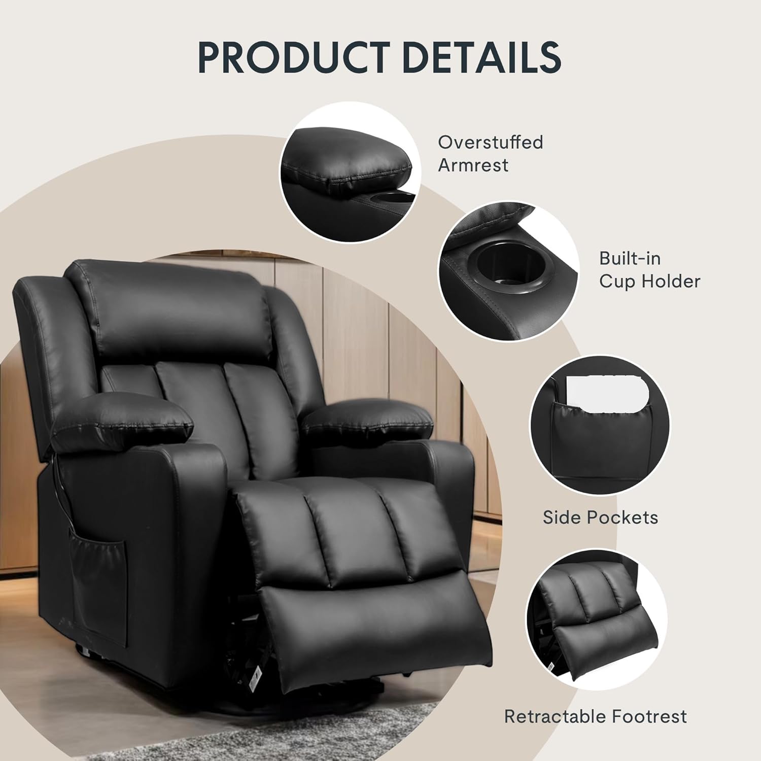 PU Leather Reclining Sofa Electric Lift Chair with Cup Holders Massage & Heat Living Room Bedroom for Elderly Black Medium Size Power Lift Recliner Chair Wite Side Pockets