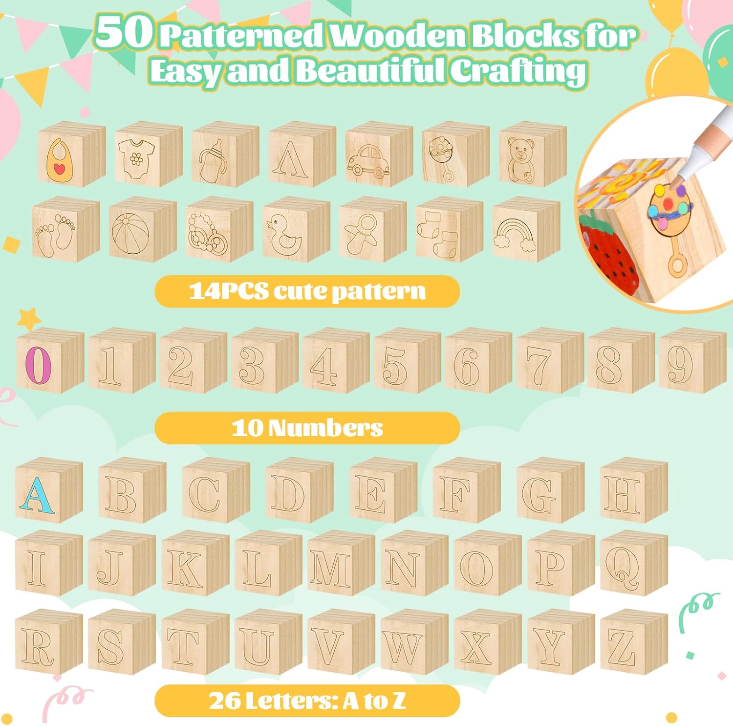 Baby Shower Blocks Game Set with Wooden Box, Acrylic Markers & Wooden Sign for Baby Shower Games, Gender Reveal & Decorations (GreenLeaves)