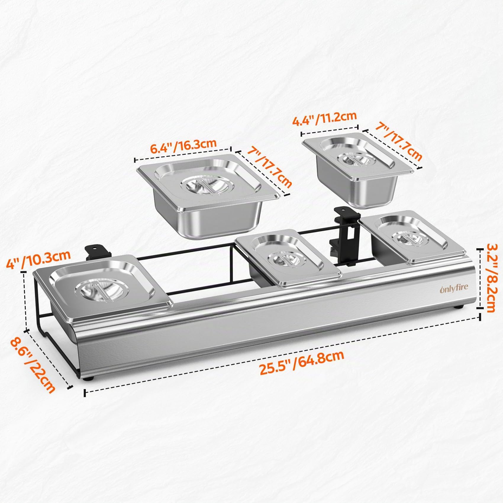 onlyfire Caja de Ingredientes, Juego de 5 Recipientes para Ingredientes para Pizza, Recipientes de Acero Inoxidable con Tapa, Catering Soporte para Cubetas, Accesorios para Horno de Pizza