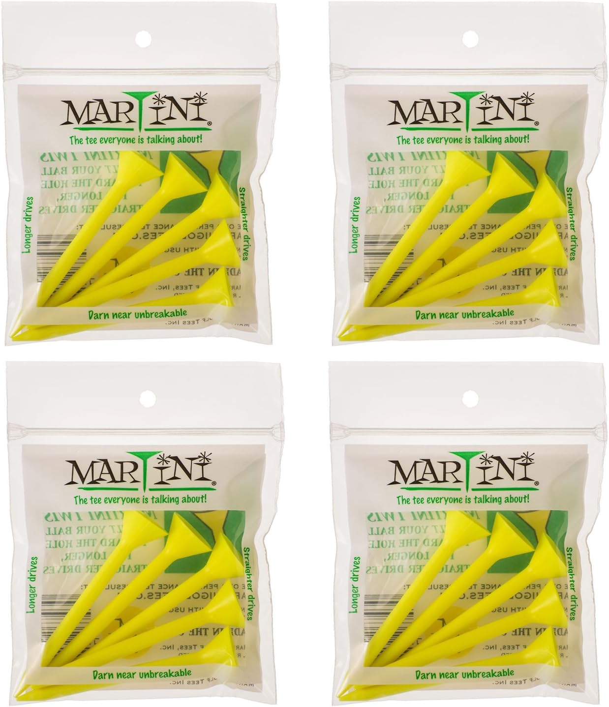 Martini Golf Tees3 1/4" 4 Pack of Yellow - 20 Tees Total - Virtually Unbreakable