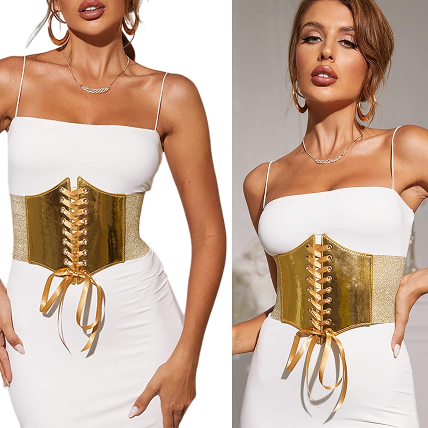 Elastic Gold Corset Belt for Women - Wide Underbust Waist Cinch for Dress