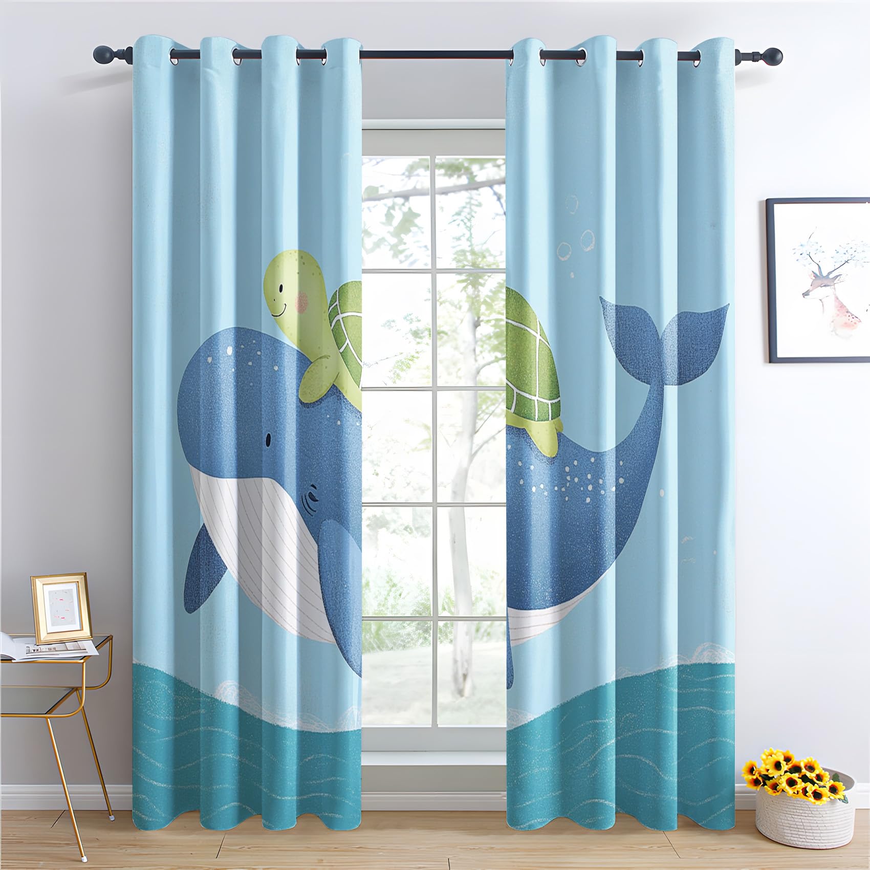 Rideau Occultant Animaux Marins - Décoration Dessin Animé, Rideau Thermique Motif Baleine Tortue, Lot de 2 Rideaux Opaque à Oeillets pour Fenetre Chambre Salon Chambre Enfant, 117x137 cm (LxH)