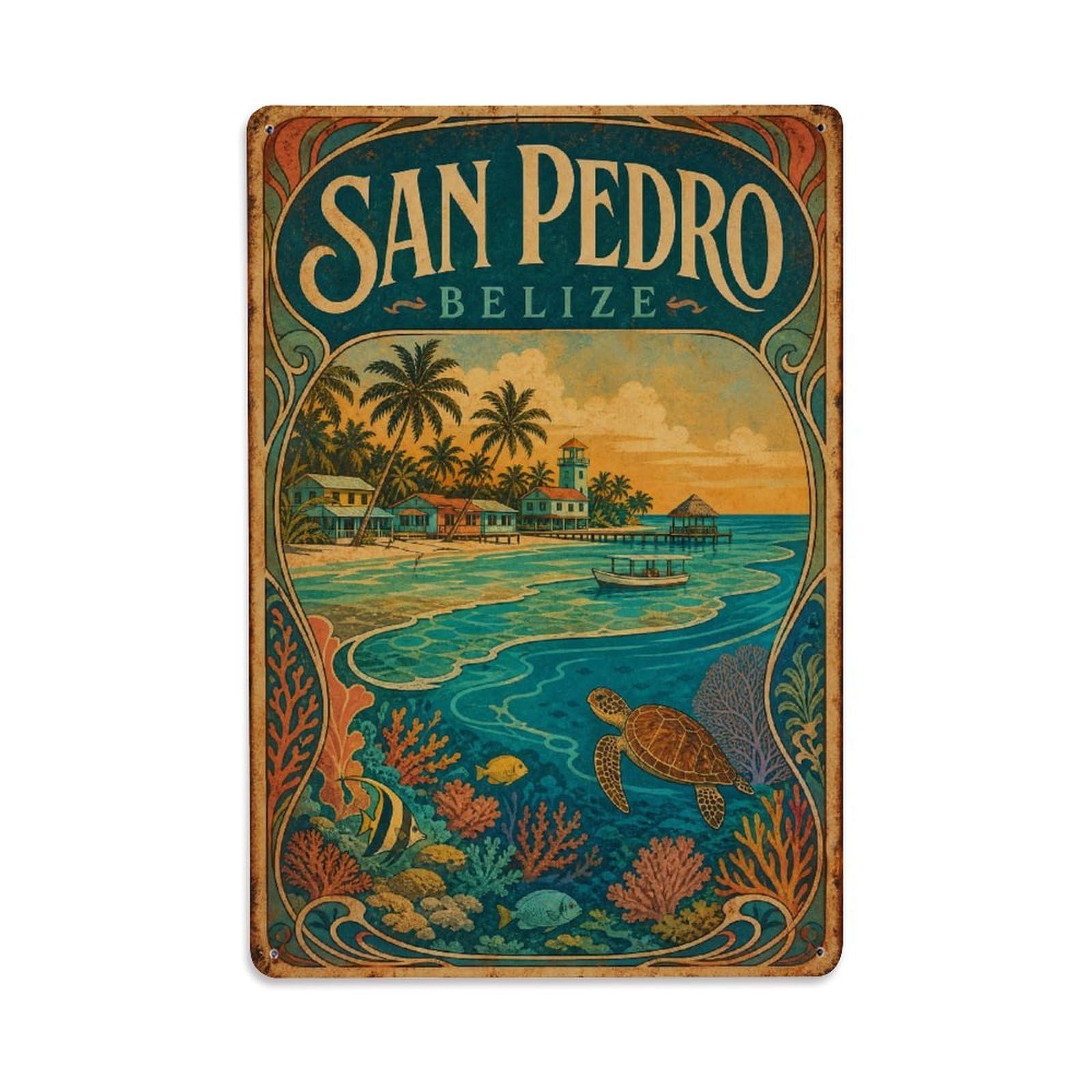 Vintage Travel Belize San Pedro Metal Tin Sign