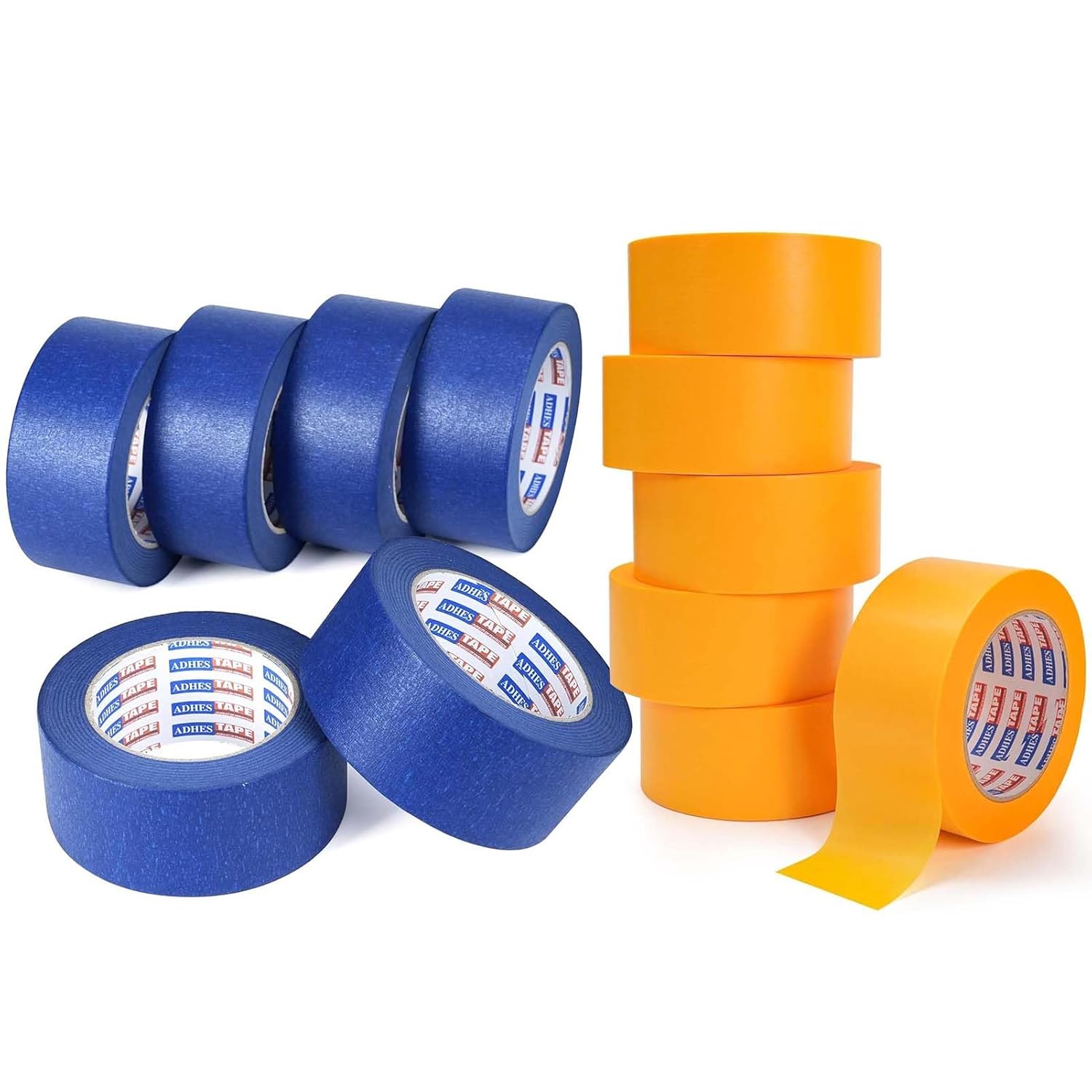 ADHES Blue Painters Tape 2 inches Wide + Orange Washi Masking Tape, 2in x 60yds x 6rolls