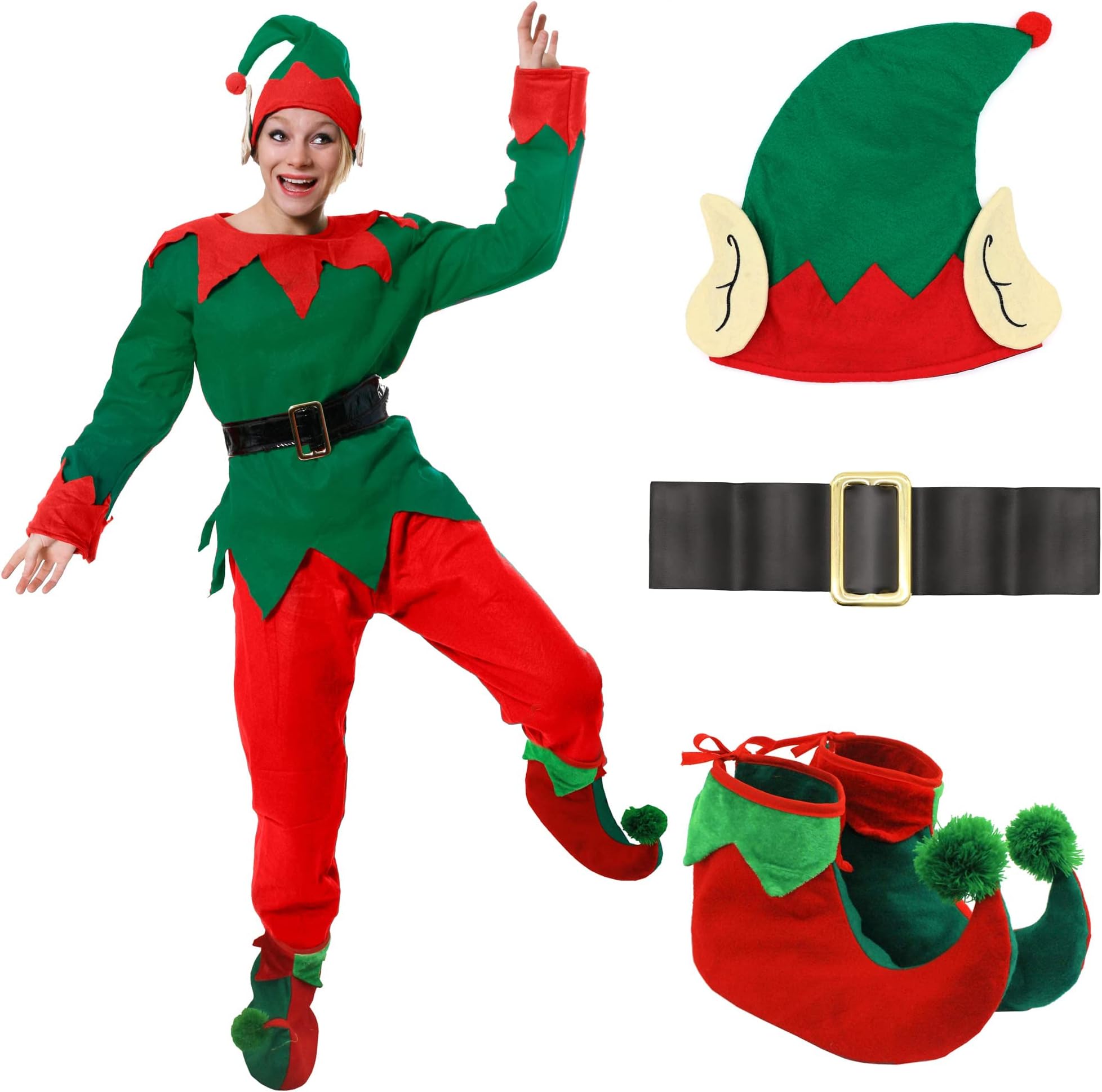 Ladies Elf Costume - Womens Cheeky Elf Christmas Fancy Dress- Green Top + Red Trousers + Belt + Elf Hat With Ears + Deluxe Pom Pom Elf Shoes