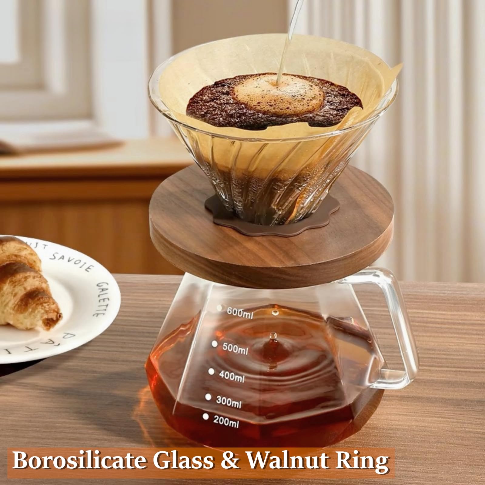 Pour over - Lot de 50 cafetières en verre borosilicate avec couvercle en verre borosilicate - 50 filtres en papier - Poignée en noyer - Pour la maison, le café, le restaurant